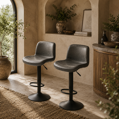 Moretta Faux Leather Dark Grey Bar Stools Set Of 2 With Backrest And Integrated Footrest