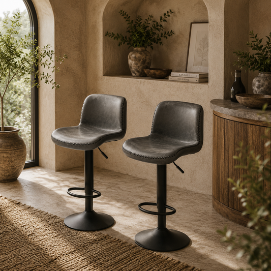 Moretta Faux Leather Dark Grey Bar Stools Set Of 2 With Backrest And Integrated Footrest