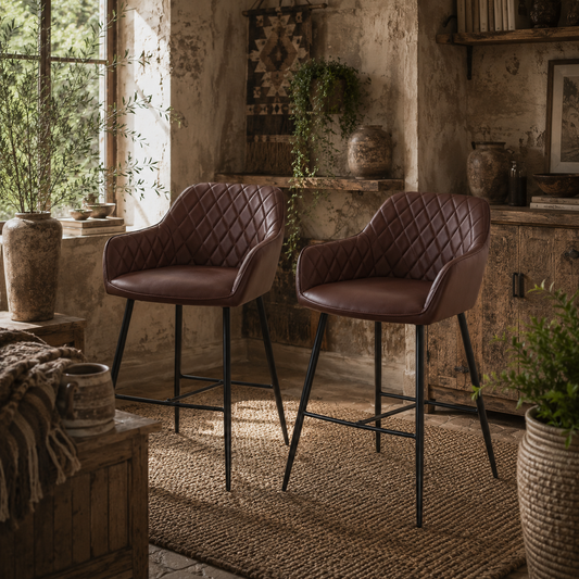 Mayore Faux Leather Brown Retro Bar Chairs Set Of 2 With Metal Frame And Footrest