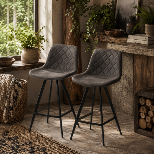 Vimivevi Microfiber Dark Grey Quilted Tub Bar Chairs Set Of 2 With Padded Seat And Footrest