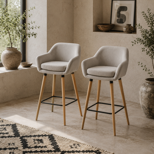 Dottira Fabric Beige Upholstered Bar Chairs Set Of 2 With Wood Legs And Metal Frame
