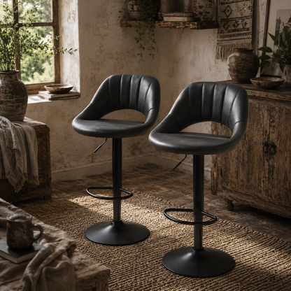 Dova Lure Faux Leather Grey Swivel Bar Stools Set Of 2 With Backrest And Footrest
