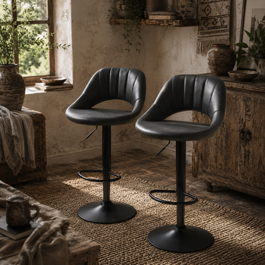 Dova Lure Faux Leather Grey Swivel Bar Stools Set Of 2 With Backrest And Footrest