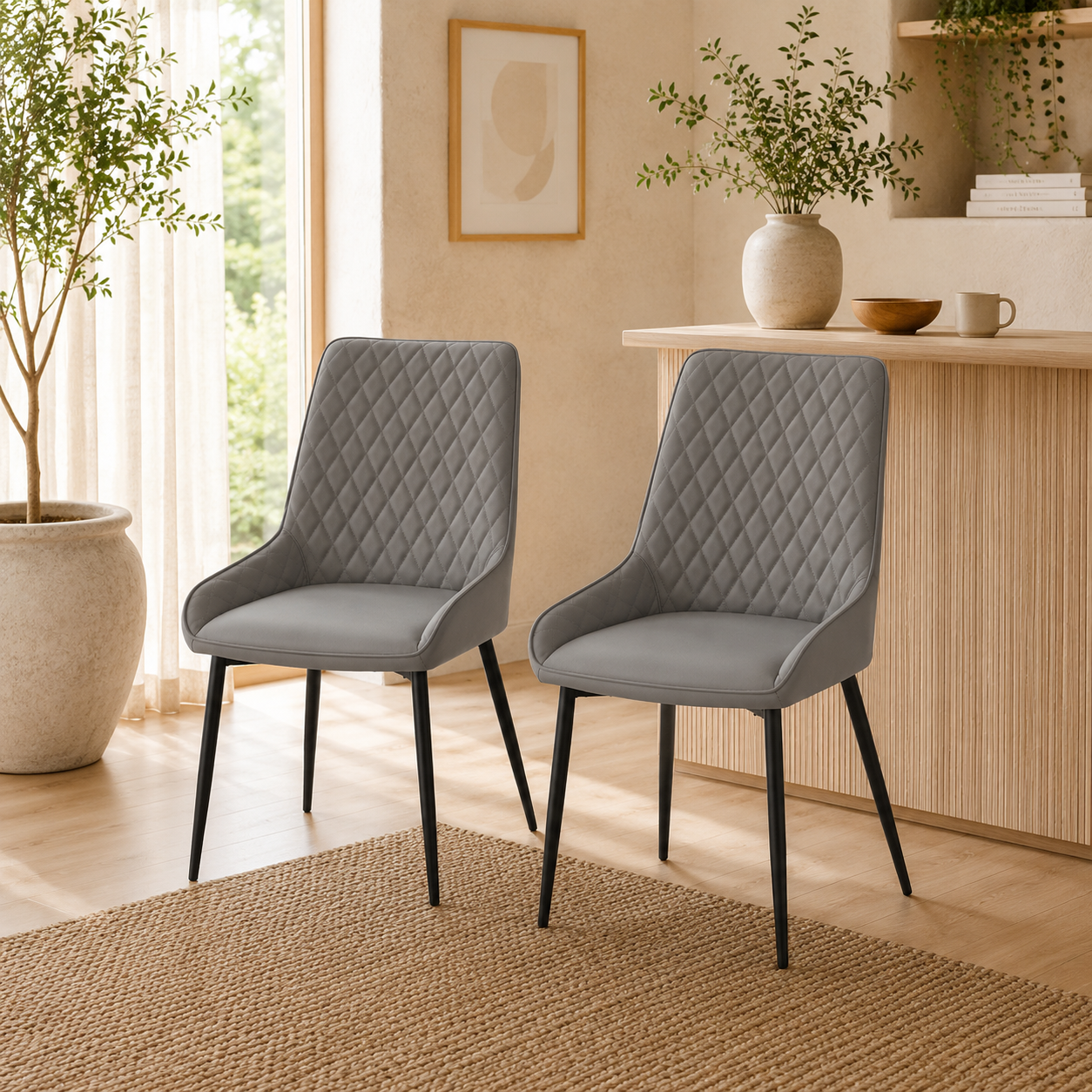Farazi Faux Leather Grey Quilted Dining Chairs Set Of 2 With Steel Frame And Foot Caps