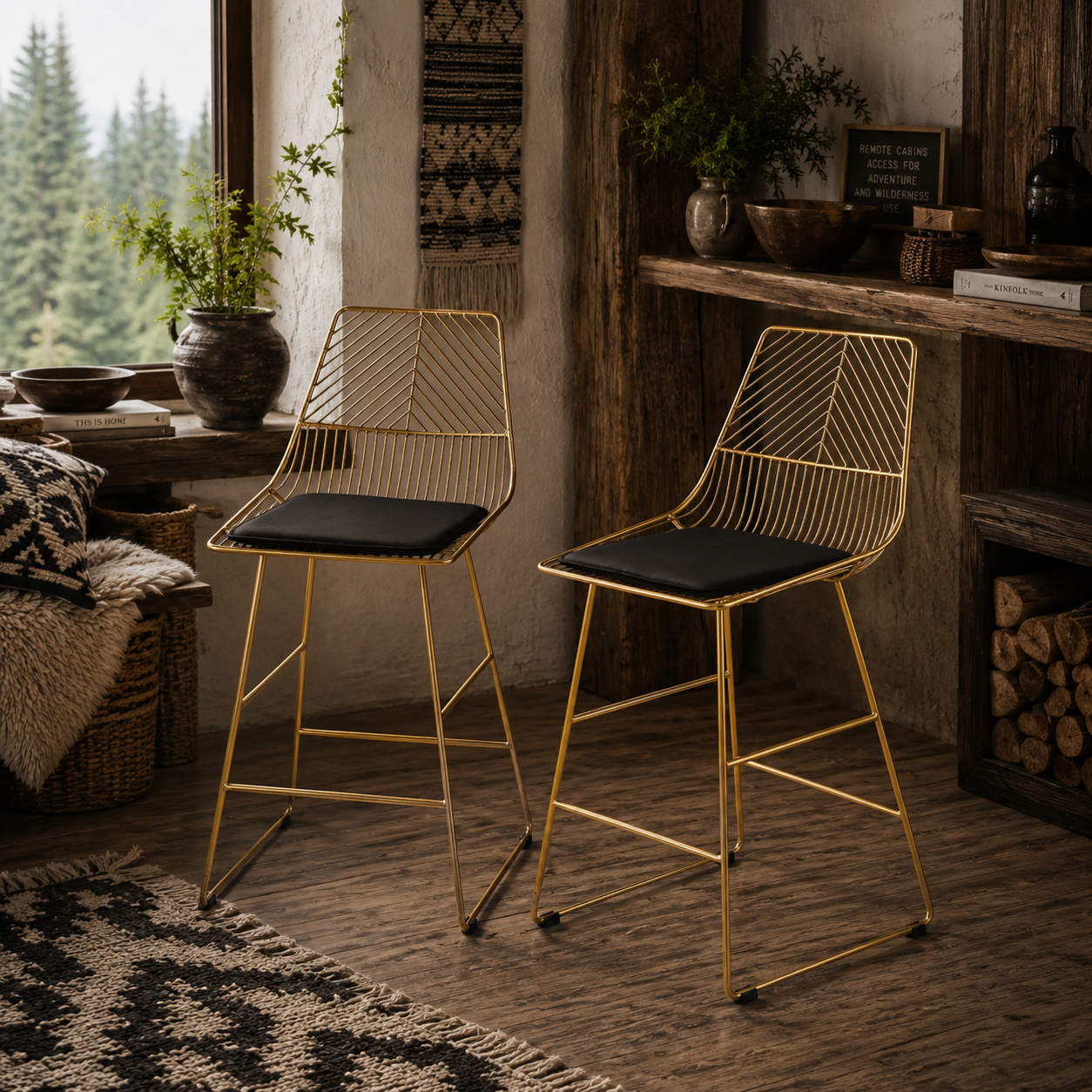 Sunira Metal Gold Counter H8 Bar Stools Set Of 2 With Wire Frame Design