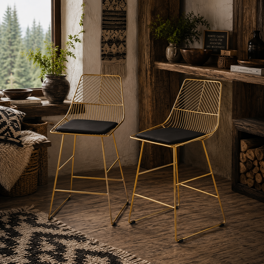 Sunira Metal Gold Counter Bar Stools Set Of 2 With Wire Frame Design