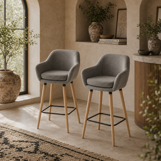 Nonozzi Fabric Grey Upholstered Bar Chairs Set Of 2 With Solid Wood Legs And Metal Frame