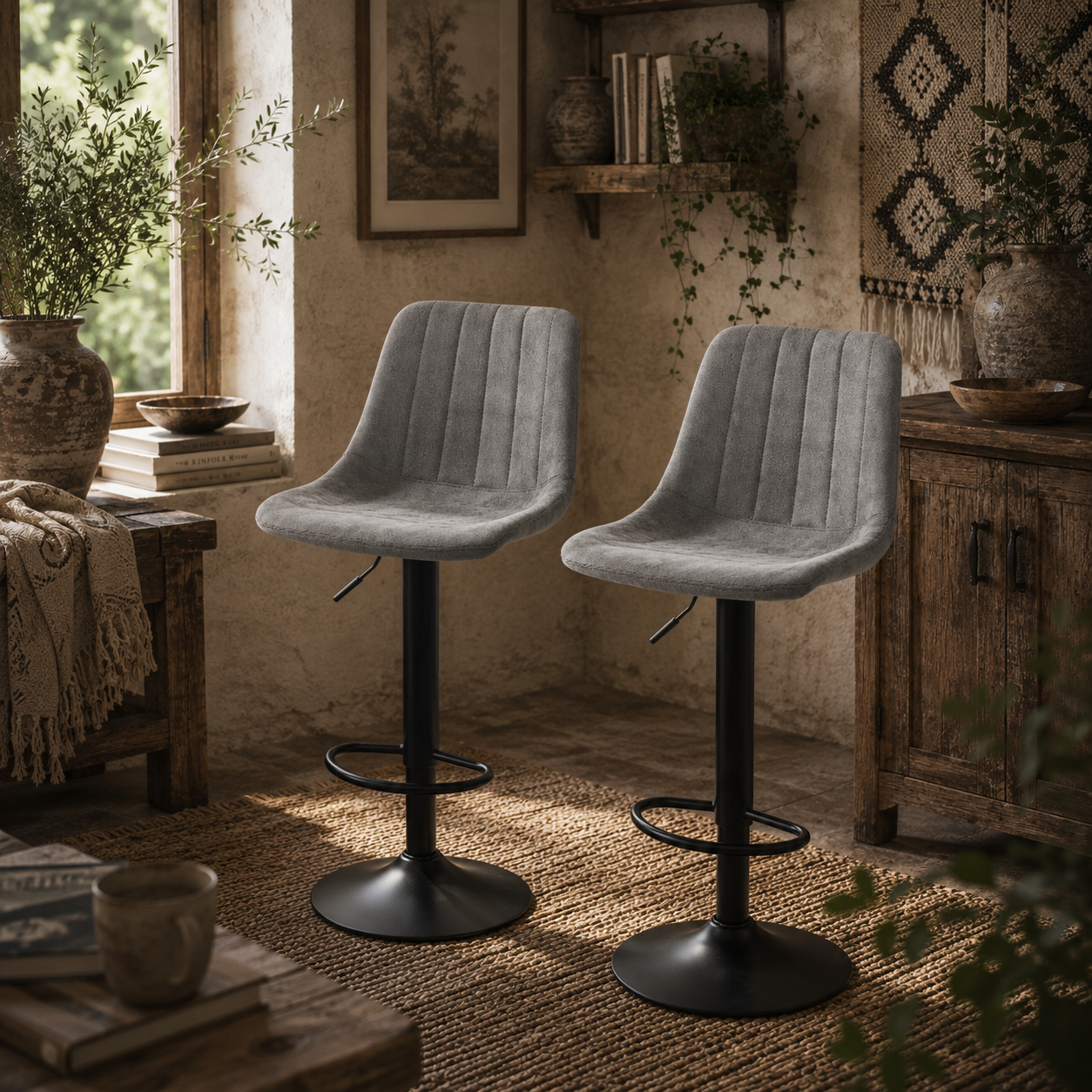 Doneha Faux Leather Grey Adjustable Breakfast Bar Chairs Set Of 2 With Upholstered Seats