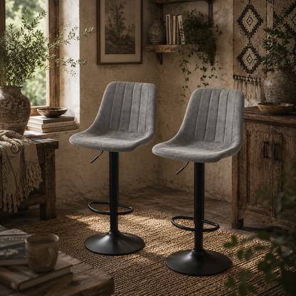 Doneha Faux Leather Grey Adjustable Breakfast Bar Chairs Set Of 2 With Upholstered Seats