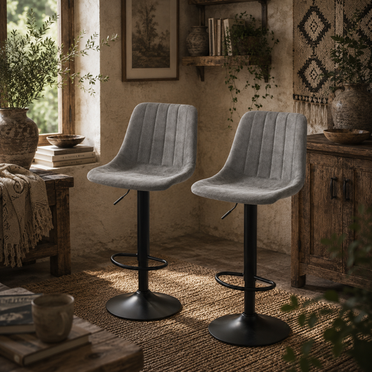 Doneha Faux Leather Grey Adjustable Breakfast Bar Chairs Set Of 2 With Upholstered Seats