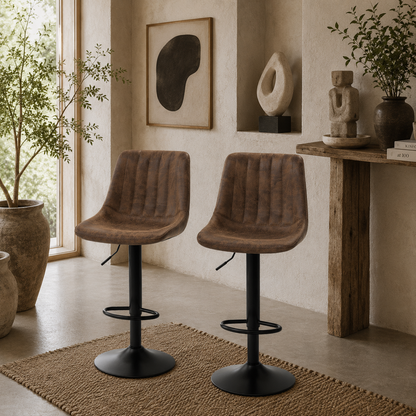 Rafava Faux Leather Brown Adjustable Breakfast Bar Chairs Set Of 2 With Upholstered Seats