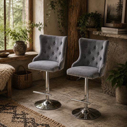 Recoco Velvet Grey Adjustable Swivel Bar Stools Set Of 2 With Tufted Back And Nailhead Detail