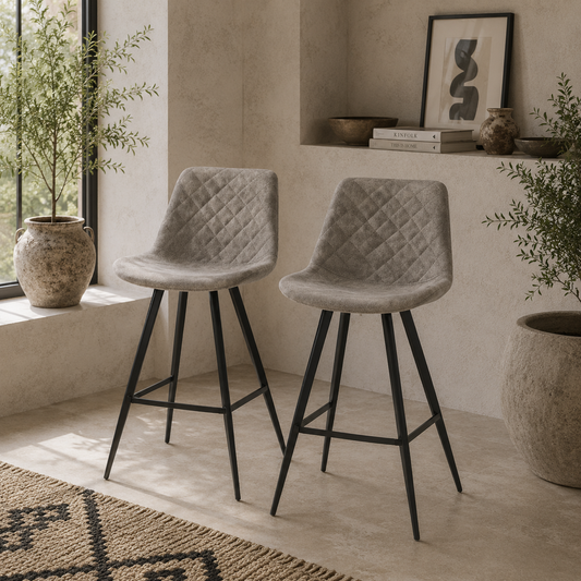 Vaba Microfiber Grey Padded Tub Bar Chairs Set Of 2 With Quilted Seat And Steel Footrest