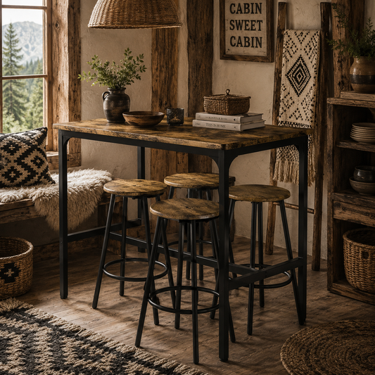 Soka Wooden Brown And Black 5 Piece Industrial Bar Table And Stool Set