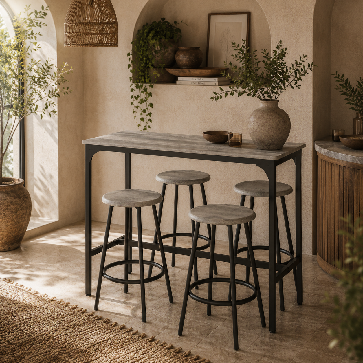 Finani Wooden Grey And Black 5 Piece Industrial Bar Table And Stool Set