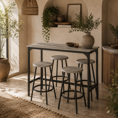 Finani Wooden Grey And Black 5 Piece Industrial Bar Table And Stool Set