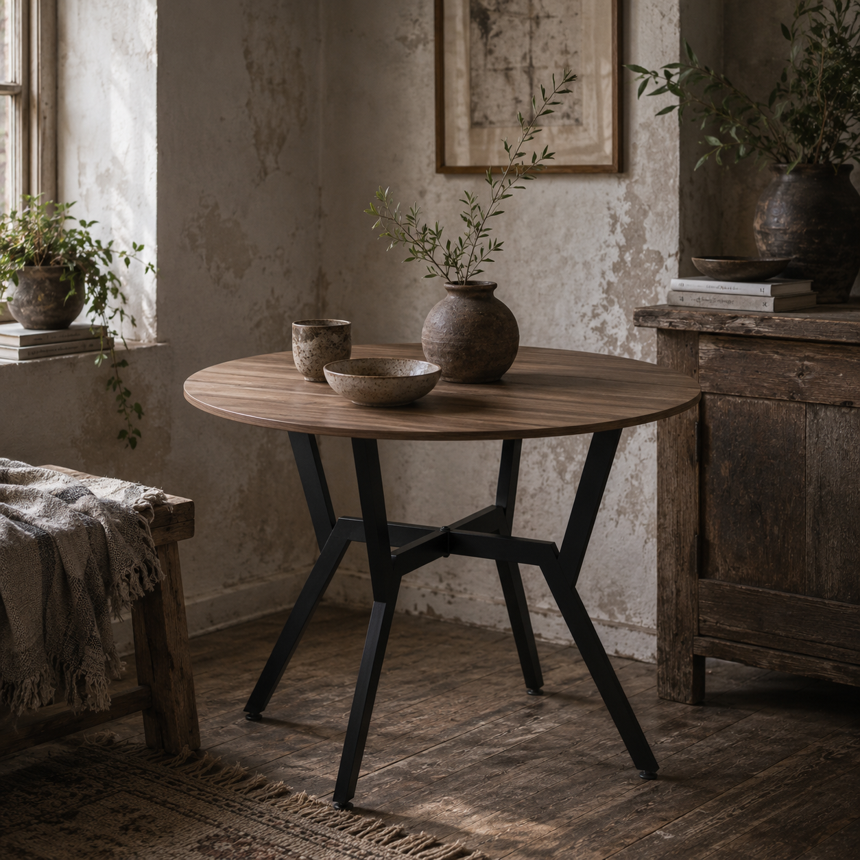 Doveno Metal Brown Round Dining Table With Anti Slip Feet For Dining Areas