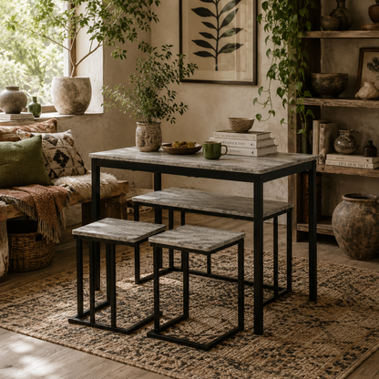 Suroso Metal And Wood Grey Concrete Effect Dining Table And Bench Set For 4