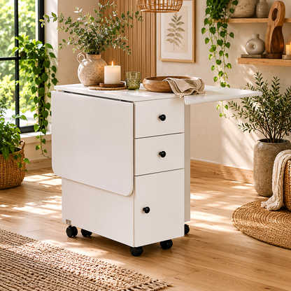 Zibsa Wooden White Drop Leaf Dining Table With Storage For 6