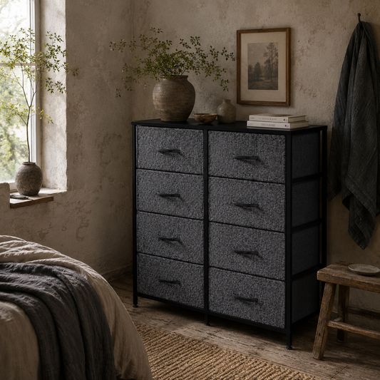Sarofi Metal And Fabric Black 8 Drawer Industrial Storage Dresser With Steel Frame