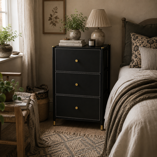 Ditari Faux Leather Black 3 Drawer Front Panel Storage Chest