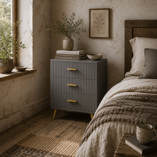 Momase Tall Wooden Grey And Gold Tone 3 Drawer Embossed Bedside Table