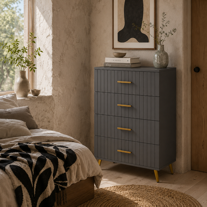 Zine Wooden Grey And Gold Tone 4 Drawer Embossed Dresser