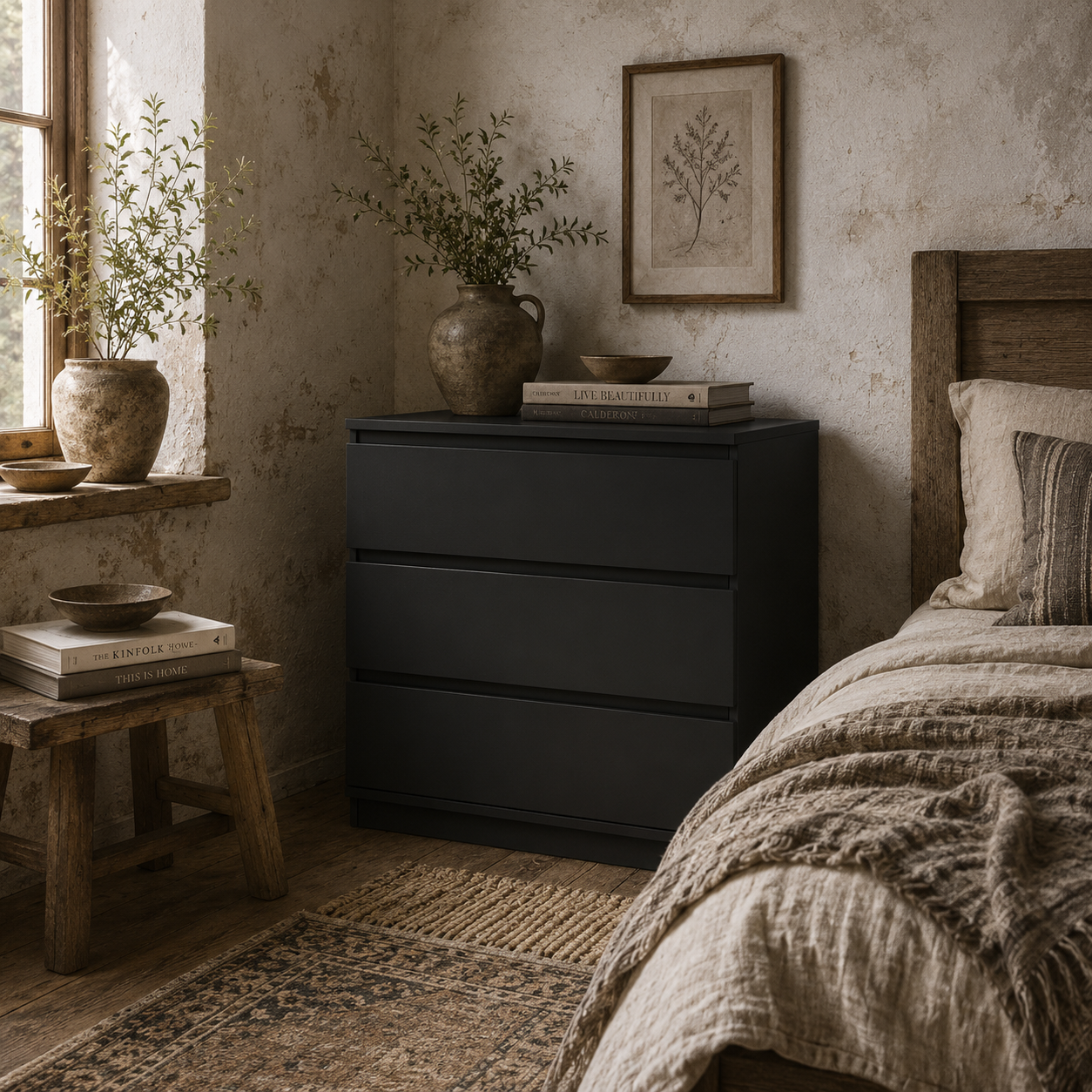 Rakami Wooden Black 3 Drawer Storage Chest