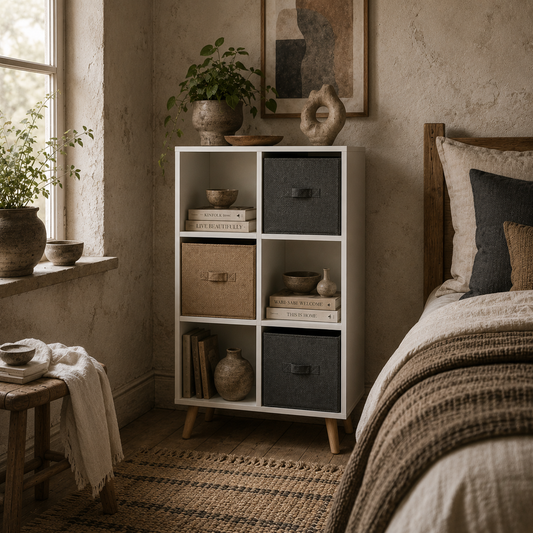 Nadiro Wooden White 6 Cube Storage Unit With 3 Fabric Drawers And OFauxn Shelves