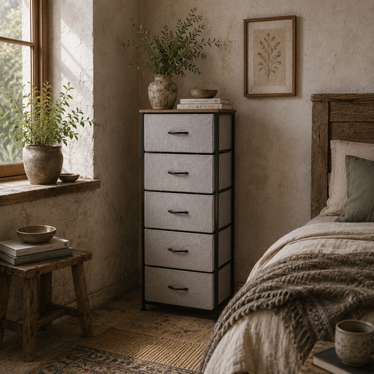 Famoggi Metal And Fabric Grey 5 Drawer Industrial Storage Chest With Steel Frame