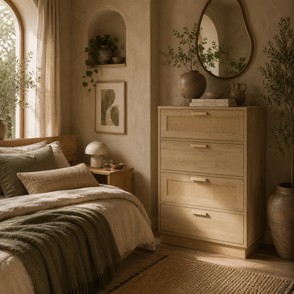 Reredito Wooden Wood Effect 4 Drawer Chest With Rattan Panels