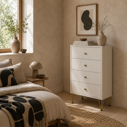 Nebaso Metal And Wood White Tall 4 Drawer Chest With Hairpin Legs