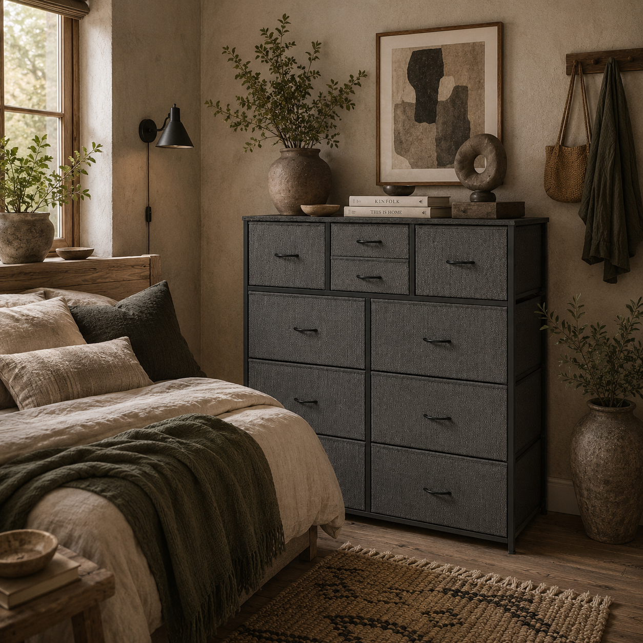 Salina Metal And Fabric Black 10 Drawer Storage Dresser With Foldable Drawers And Steel Frame