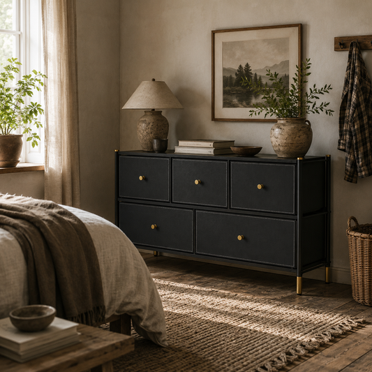 Lomomo Faux Leather Black Front Panel Chest Of Drawers