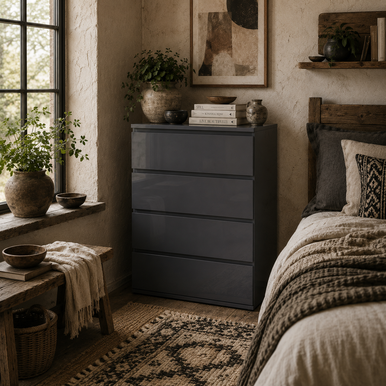 Valo Leha High Gloss Grey 4 Drawer Chest Of Drawers With Modern Storage Design
