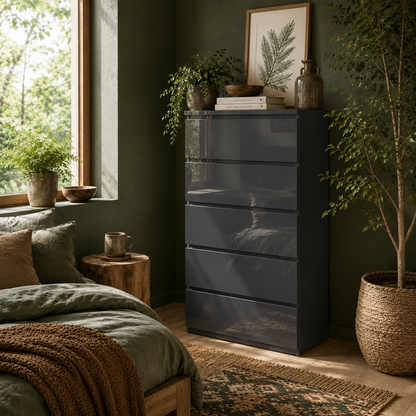 Kevano High Gloss Grey 5 Drawer Modern Storage Chest