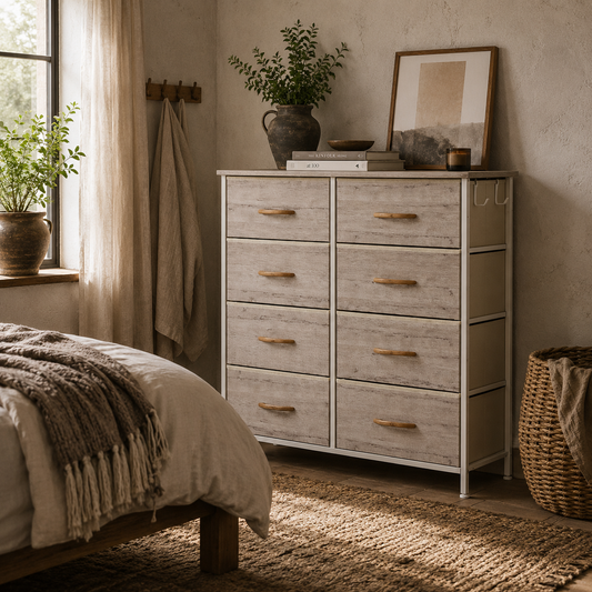 Nokaso Fabric And Metal Natural Wood Finish 8 Drawer Storage Chest