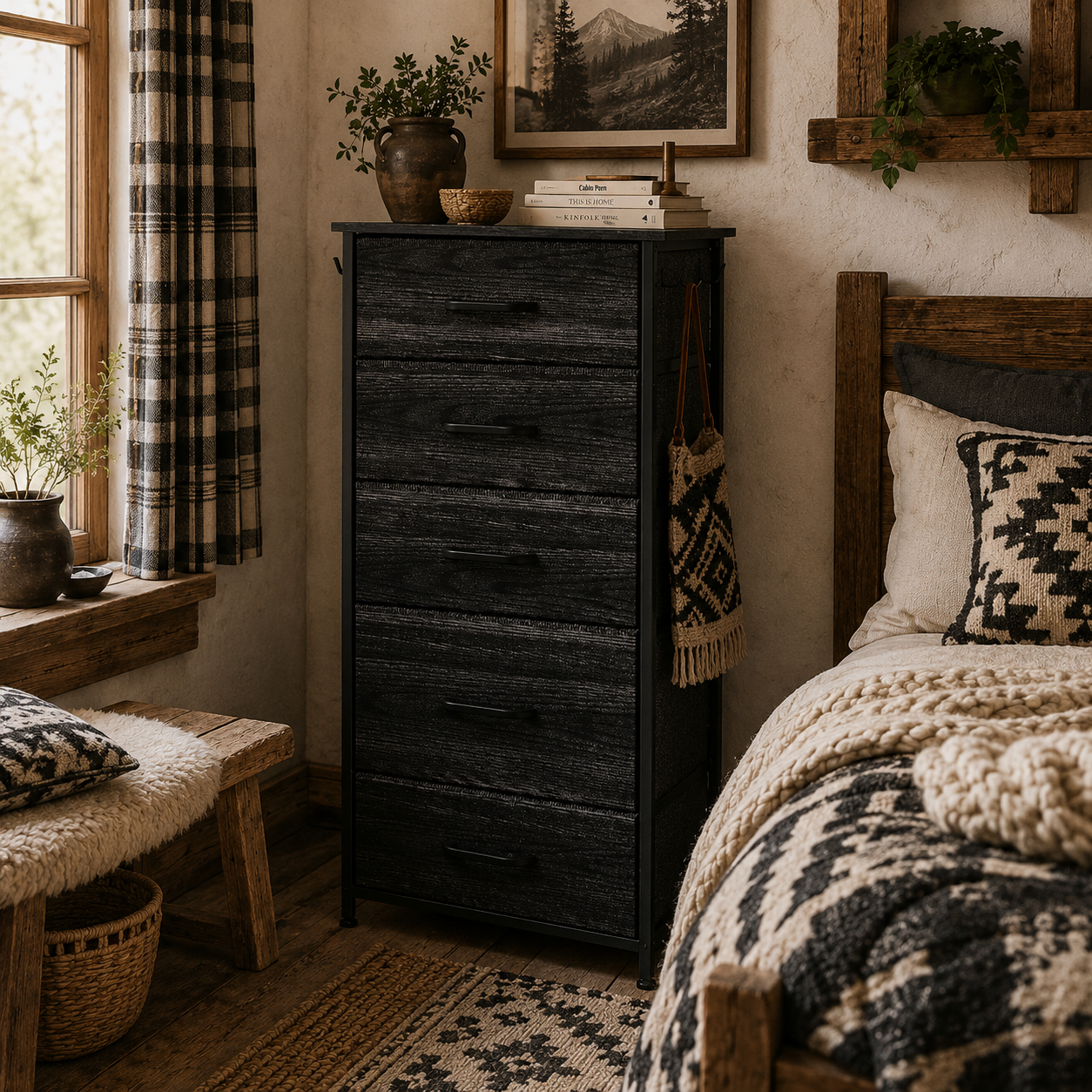 Koratti Fabric And Metal Black 5 Drawer Storage Chest
