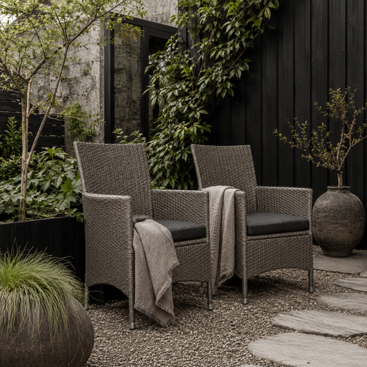 Sevaka Set Of 2 Rattan Grey Outdoor Dining Armchairs With Cushions And Armrests
