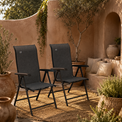 Lecore Set Of 2 Metal Grey Folding Garden Chairs With 7 Position Reclining Backs