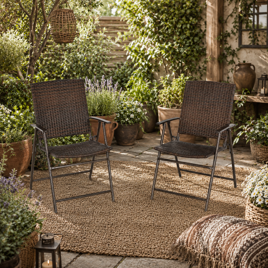 Soto Rattan Brown Set Of 2 Folding Outdoor Garden Dining Chairs