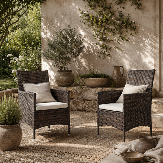 Kesase Set Of 2 Rattan Mixed Brown Garden Dining Chairs With Cushioned Seats