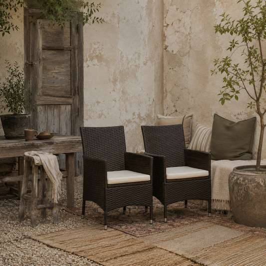 Dodone Metal And Rattan Brown Set Of 2 Outdoor Dining Armchairs With Cushions