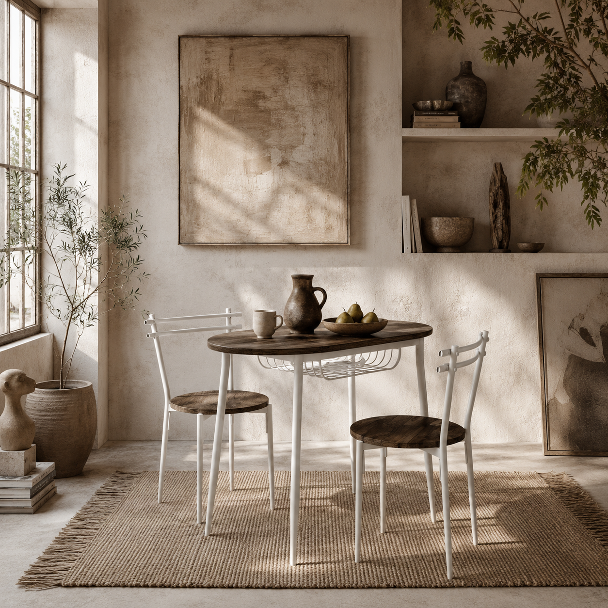 Naseva Metal And Wood Natural Oval Dining Table Set With 2 Chairs And Wire Storage