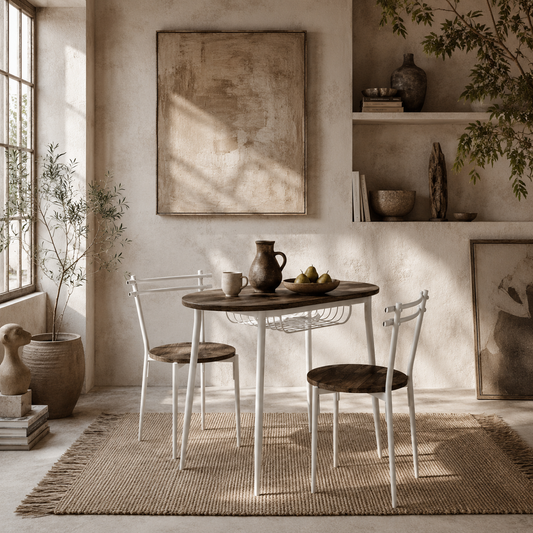 Naseva Metal And Wood Natural Oval Dining Table Set With 2 Chairs And Wire Storage