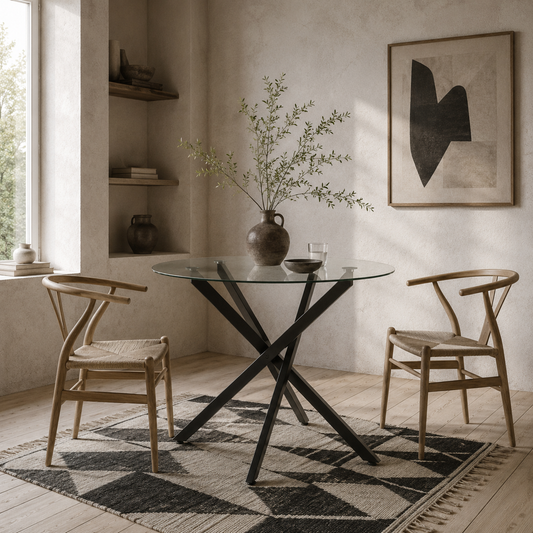 Bama Metal Black Round Glass Dining Table With Clear Tempered Top For Living And Dining Rooms