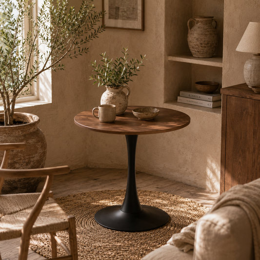 Lihamo Metal Brown Round Dining Table With Slim Base For Kitchen And Dining Spaces