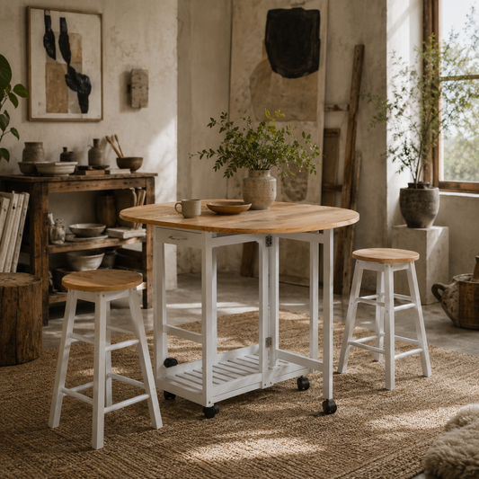 Rasola Wooden White Mobile Drop Leaf Dining Table With Stools Drawers Shelving And Wheels