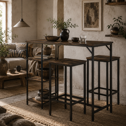 Elba Metal And Wooden Industrial 3 Piece Bar Dining Set With Side Storage