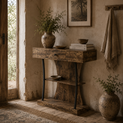 Rasana Metal And Wooden Rustic Brown 3 Tier Console Table With Drawer And Shelves